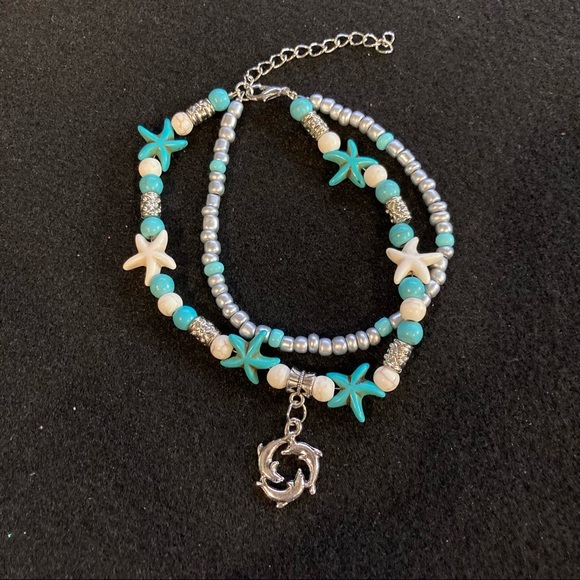 Dolphin Starfish Silver Toned Turquoise Beaded Boho Anklet - Picture 4 of 7